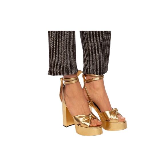 Goolita Shoes - Metallic Lace Up Chunky Heel Platform Heels Open Toe Size 37 or 6.5